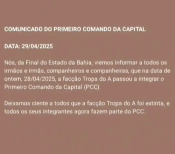 Suposto comunicado do PCC. Foto: Redes Sociais